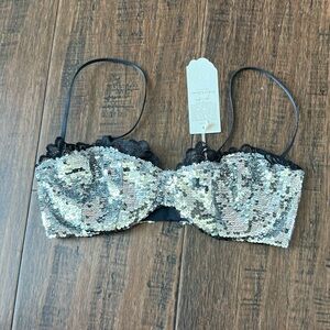 For Love And Lemons Silver Sequin Bra with Black Lace
